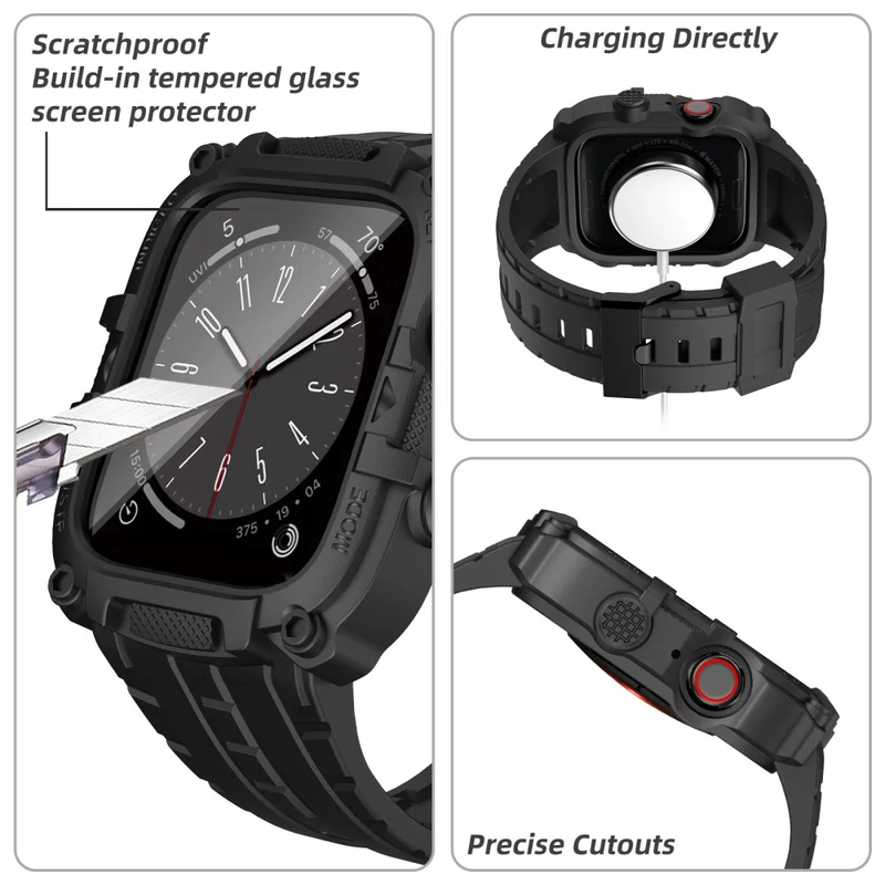 Apple Watch Series 49mm - 45mm - 44mm - 42mm Universal Scratch Resistant Watch Band with Case Built-in Tempered Glass Screen Protector