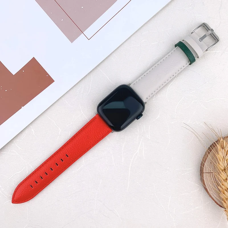 Apple Watch 49mm / 45mm / 44mm / 42mm Strap AW Cow Leather Watchband - Red / Green
