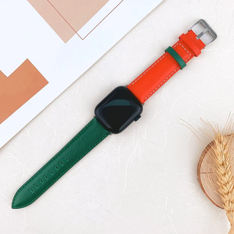 Apple Watch 9 8 7 41mm / SE (2022) SE (2023) SE 6 5 4 40mm / 3 2 1 38mm Band Classic Cow Leather Strap - Red / Green