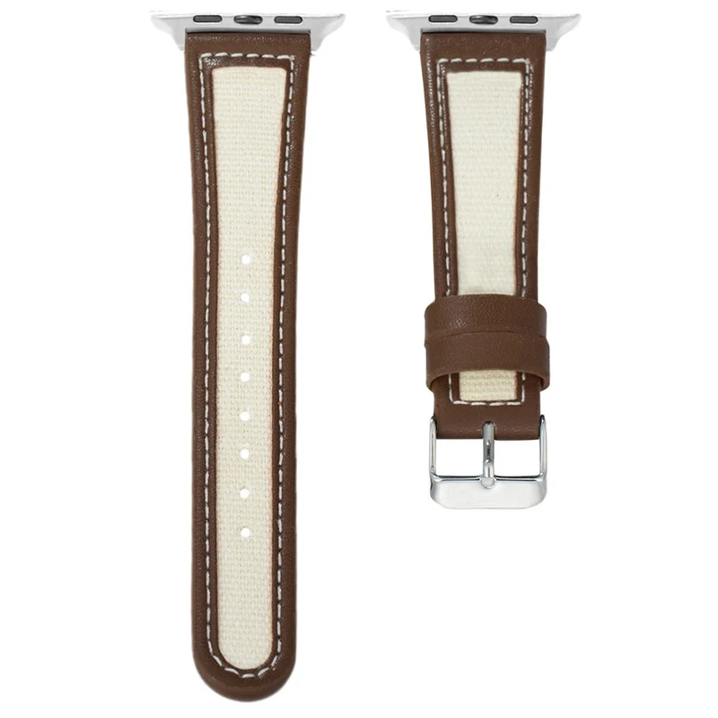 Apple Watch 49mm / 45mm / 44mm / 42mm Cow Leather and Fabric Watchband - Dark Brown / White