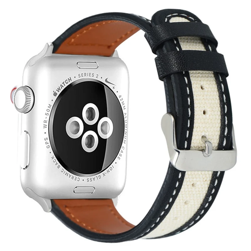 Apple Watch 49mm / 45mm / 44mm / 42mm Cow Leather and Fabric Watchband - Dark Brown / White