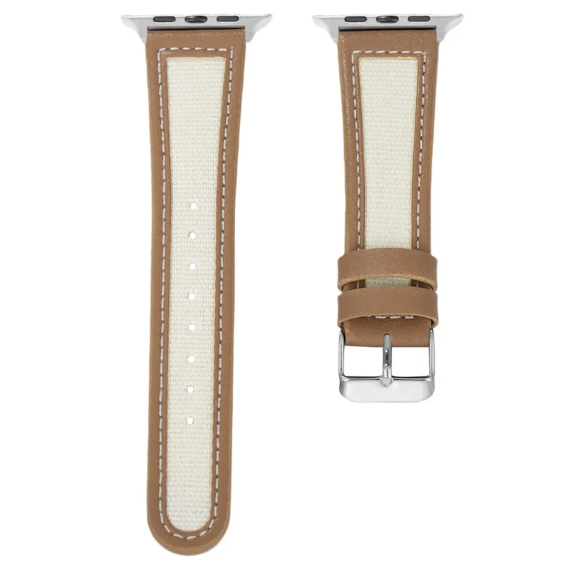 Apple Watch 49mm / 45mm / 44mm / 42mm Cow Leather and Fabric Watchband - Dark Brown / White