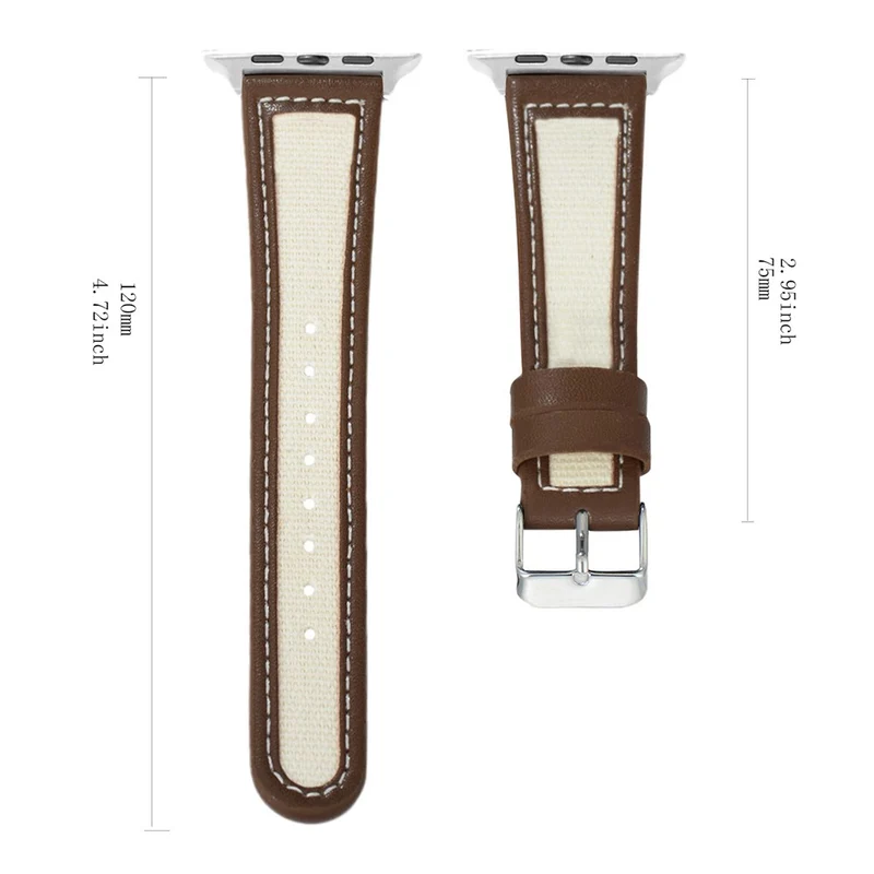 Apple Watch 49mm / 45mm / 44mm / 42mm Cow Leather and Fabric Watchband - Dark Brown / White