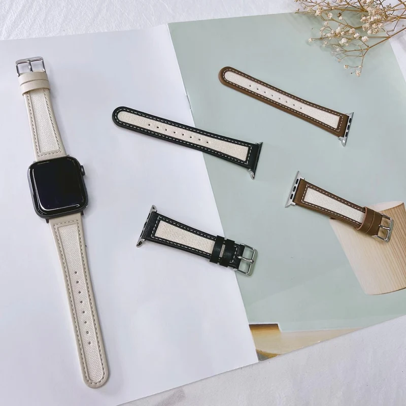 Apple Watch Series 41mm / 40mm / 38mm Cow Leather and Fabric Watch Band - Dark Brown / White