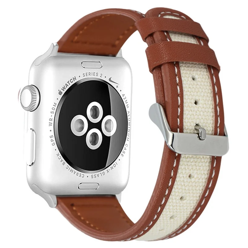 Apple Watch Series 41mm / 40mm / 38mm Cow Leather and Fabric Watch Band - Dark Brown / White