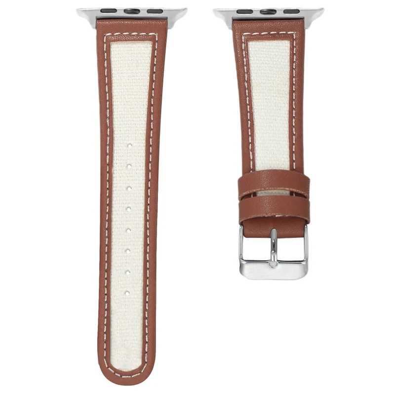 Apple Watch Series 41mm / 40mm / 38mm Cow Leather and Fabric Watch Band - Dark Brown / White