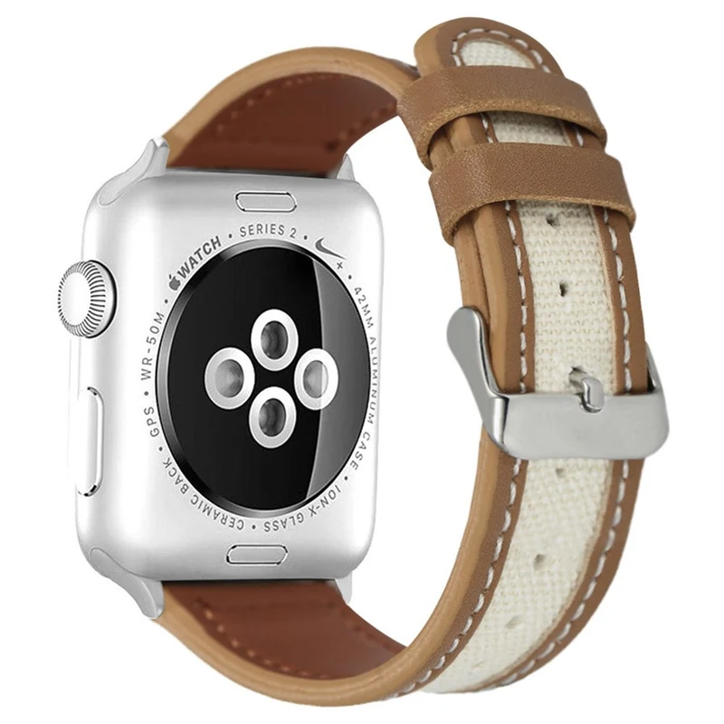 Apple Watch Series 41mm / 40mm / 38mm Cow Leather and Fabric Watch Band - Dark Brown / White
