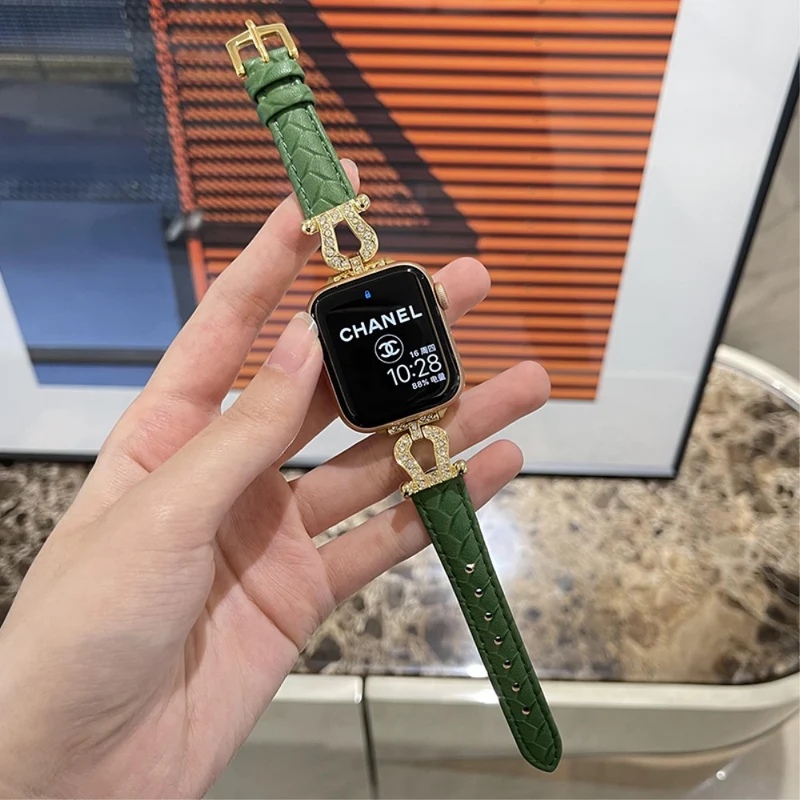 Apple Watch 49mm / 45mm / 44mm / 42mm Cowhide Leather Band - Green / Gold Buckle