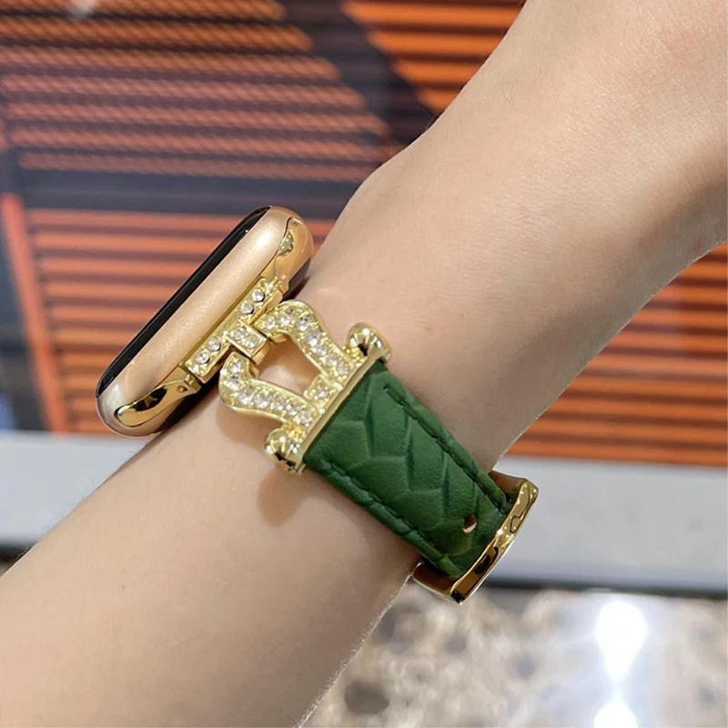 Apple Watch 49mm / 45mm / 44mm / 42mm Cowhide Leather Band - Green / Gold Buckle
