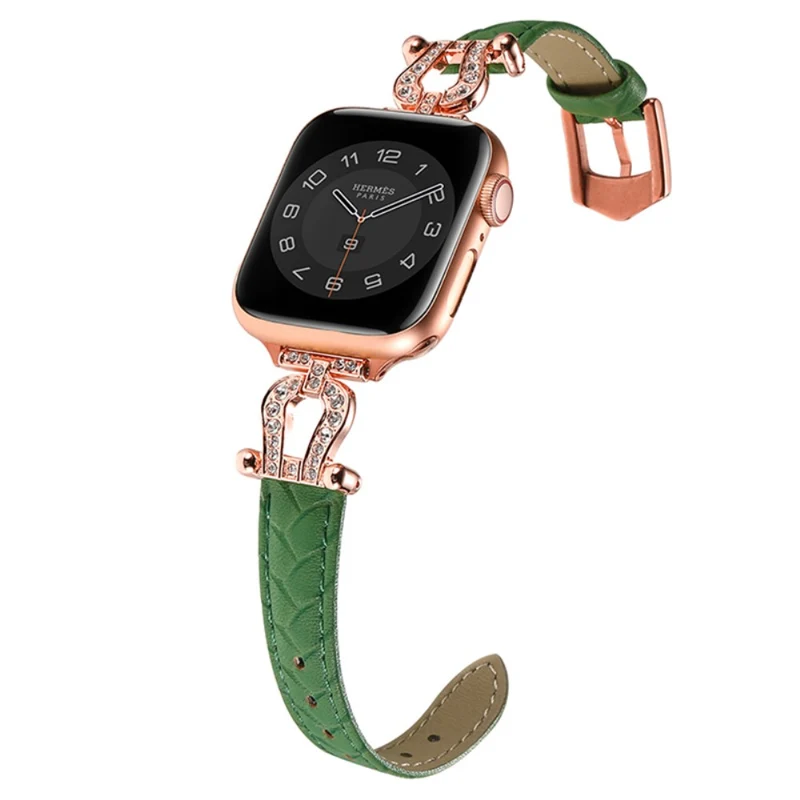 Apple Watch 49mm / 45mm / 44mm / 42mm Cowhide Leather Band - Green / Gold Buckle