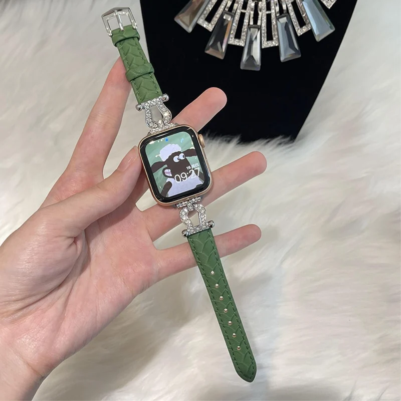 Apple Watch 49mm / 45mm / 44mm / 42mm Cowhide Leather Band - Green / Gold Buckle