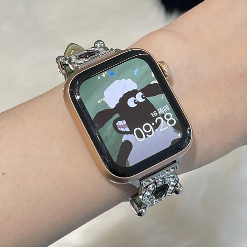 Apple Watch 49mm / 45mm / 44mm / 42mm Cowhide Leather Band - Green / Gold Buckle