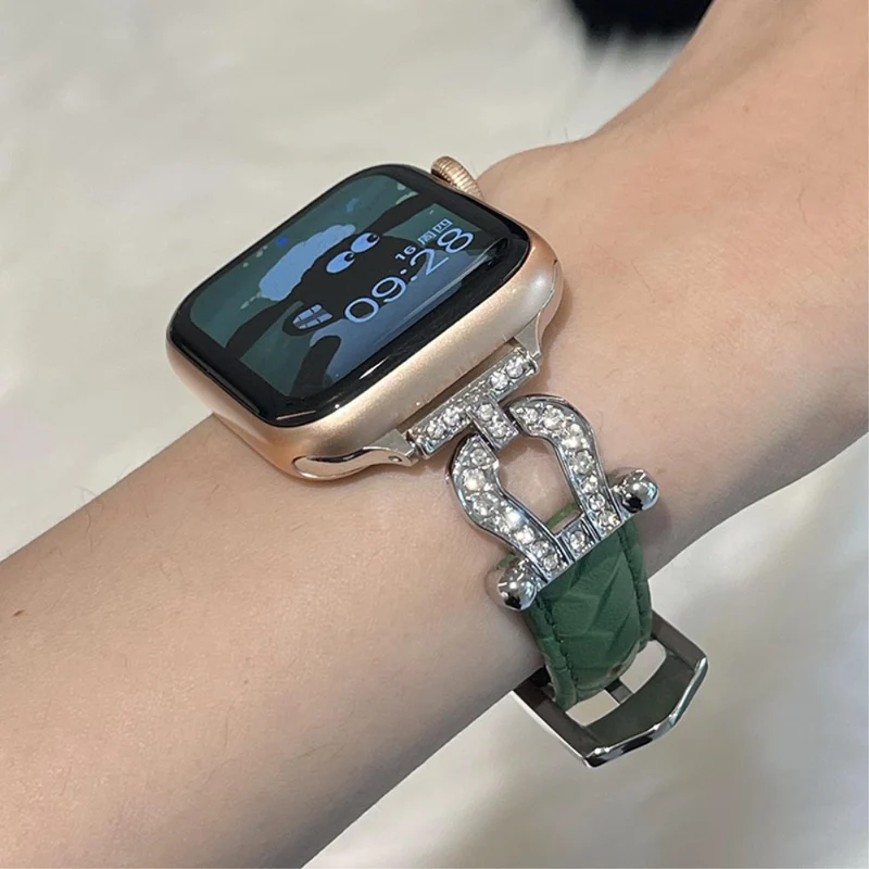Apple Watch 49mm / 45mm / 44mm / 42mm Cowhide Leather Band - Green / Gold Buckle