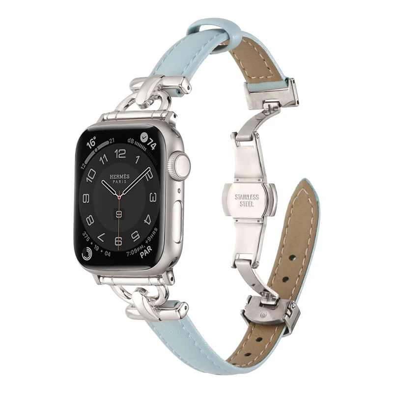 Apple Watch 49mm / 45mm / 44mm / 42mm Leather Watch Band - Blue / Silver Buckle