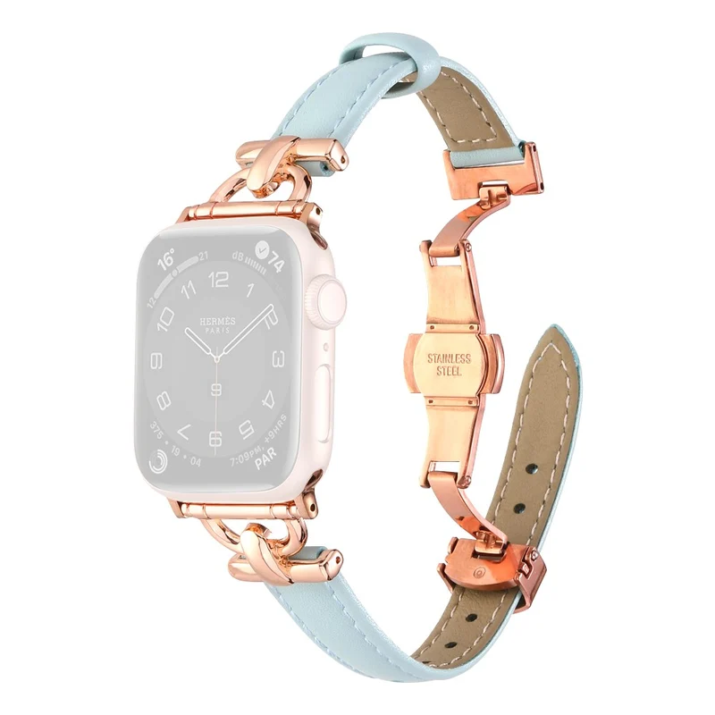 Apple Watch 49mm / 45mm / 44mm / 42mm Leather Watch Band - Blue / Silver Buckle