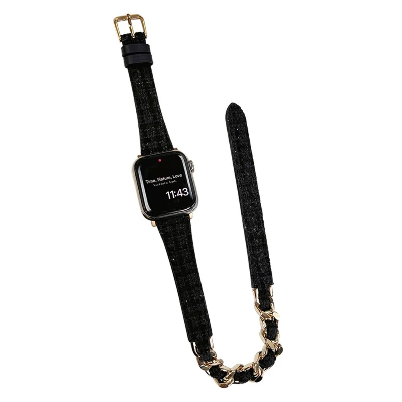 Apple Watch 49mm / 45mm / 44mm / 42mm Watch Band Leather Strap - Green+Gold Chain Chain
