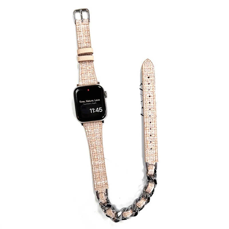 Apple Watch 49mm / 45mm / 44mm / 42mm Watch Band Leather Strap - Green+Gold Chain Chain