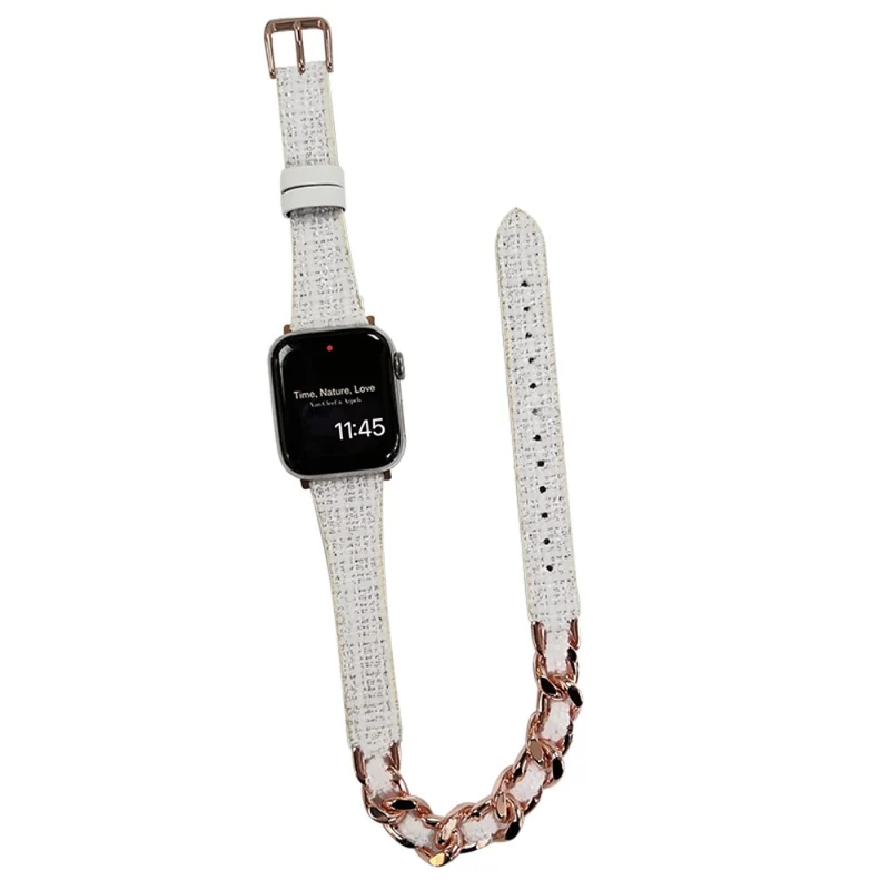 Apple Watch 49mm / 45mm / 44mm / 42mm Watch Band Leather Strap - Green+Gold Chain Chain