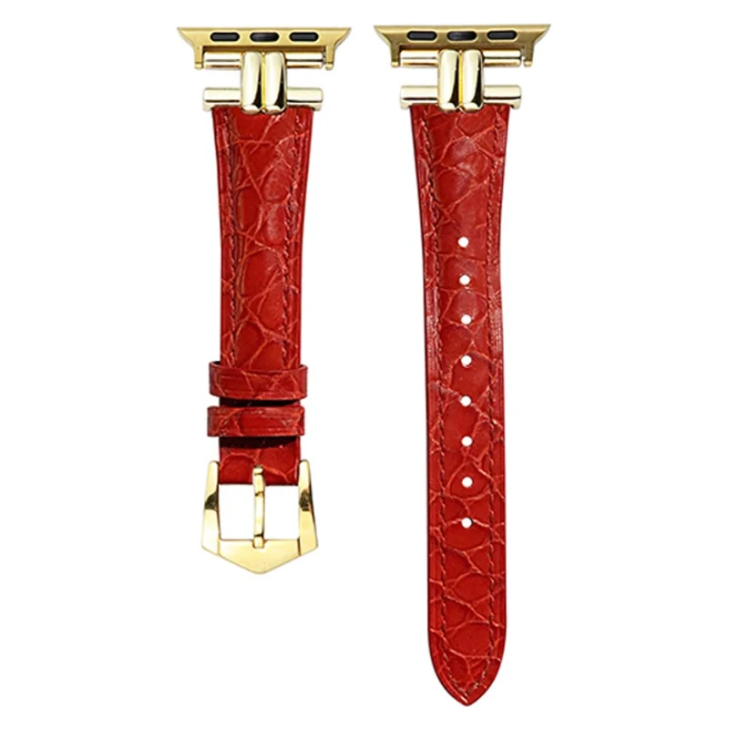 AW Apple Watch 49mm / 45mm / 44mm / 42mm Band Leather Strap - Red+Gold Buckle