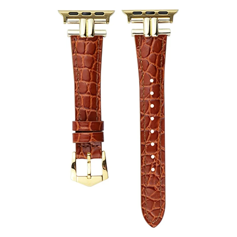 AW Apple Watch 49mm / 45mm / 44mm / 42mm Band Leather Strap - Red+Gold Buckle