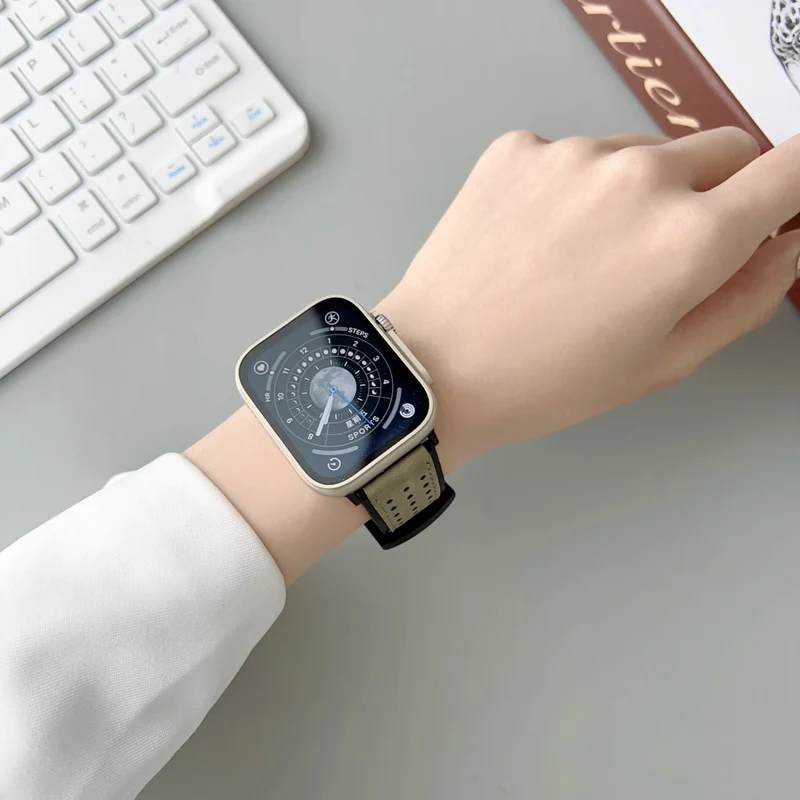 Apple Watch Series 49mm - 45mm - 44mm - 42mm Universal Top Layer Cowhide Watch Strap - Light Yellow