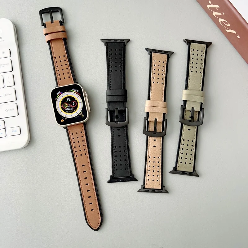 Apple Watch Series 49mm - 45mm - 44mm - 42mm Universal Top Layer Cowhide Watch Strap - Light Yellow