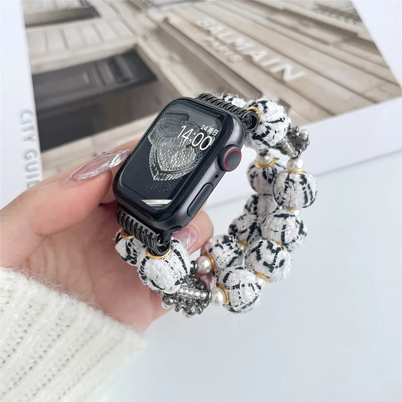Apple Watch Series 41mm - 40mm - 38mm Universal Velvet Cotton Beaded Bracelet - Rose