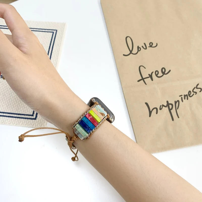 Apple Watch 49mm / 45mm / 44mm / 42mm Stone and Woven Rope Band - Rainbow