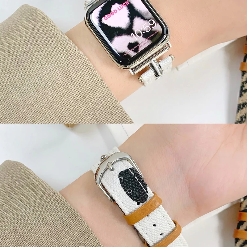 Apple Watch 49mm / 45mm / 44mm / 42mm Leather Watch Band Strap - White / Zebra Stripe