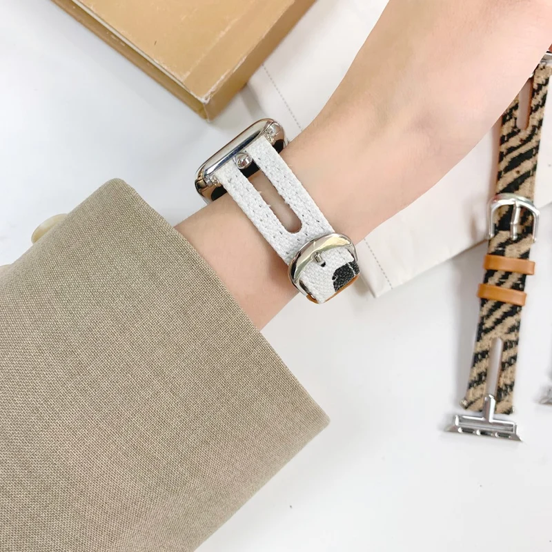 Apple Watch 49mm / 45mm / 44mm / 42mm Leather Watch Band Strap - White / Zebra Stripe