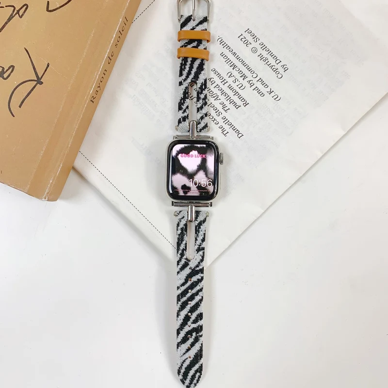 Apple Watch 49mm / 45mm / 44mm / 42mm Leather Watch Band Strap - White / Zebra Stripe