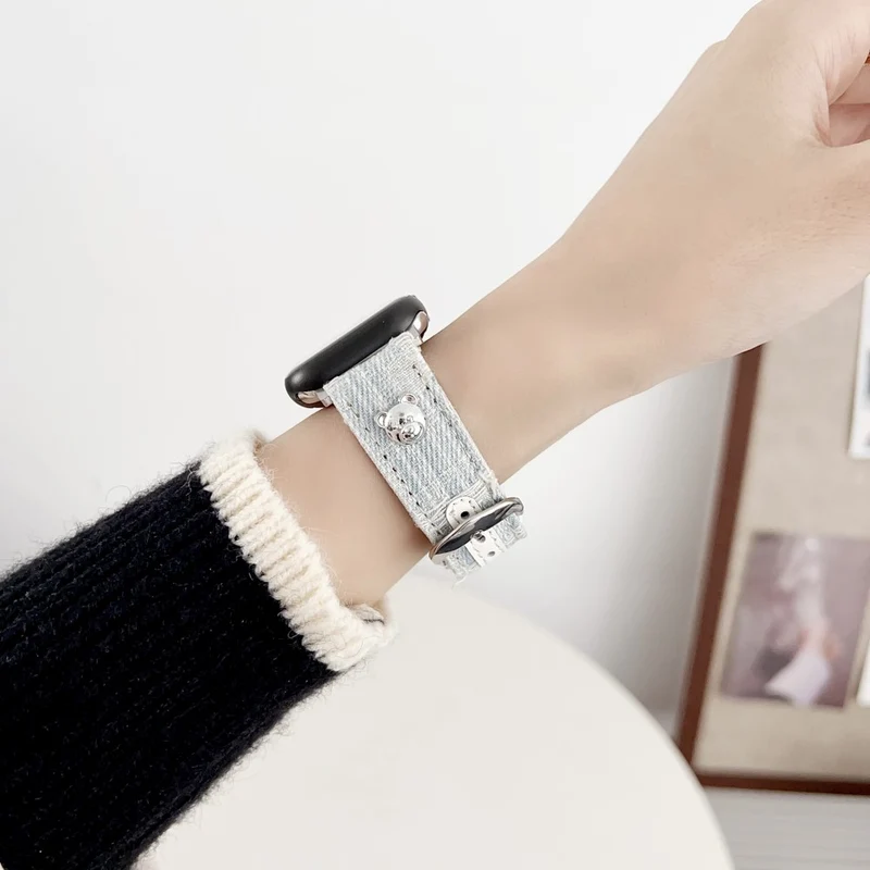 Apple Watch Series 49mm - 45mm - 44mm - 42mm Universal Denim Band Bear Decor Watch Strap - Dark Blue