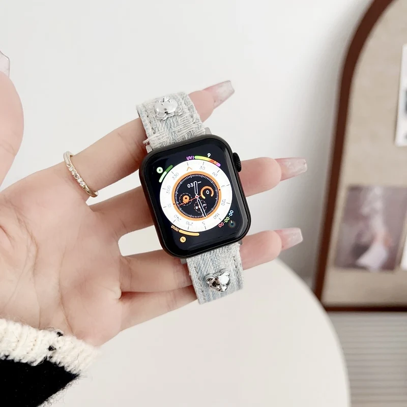 Apple Watch Series 49mm - 45mm - 44mm - 42mm Universal Denim Band Bear Decor Watch Strap - Dark Blue