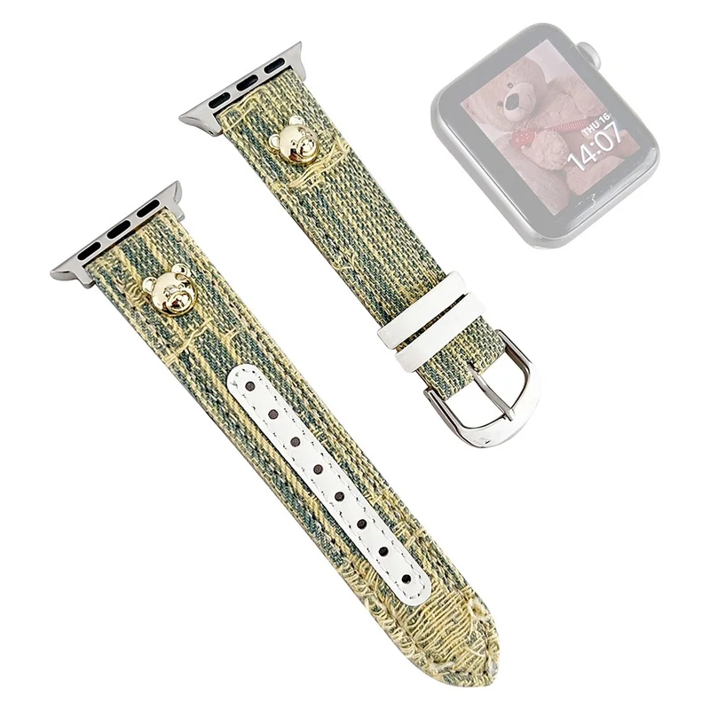 Apple Watch Series 49mm - 45mm - 44mm - 42mm Universal Denim Band Bear Decor Watch Strap - Dark Blue