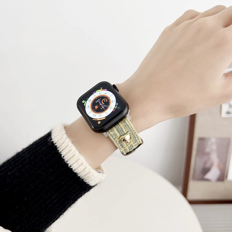 Apple Watch Series 49mm - 45mm - 44mm - 42mm Universal Denim Band Bear Decor Watch Strap - Dark Blue