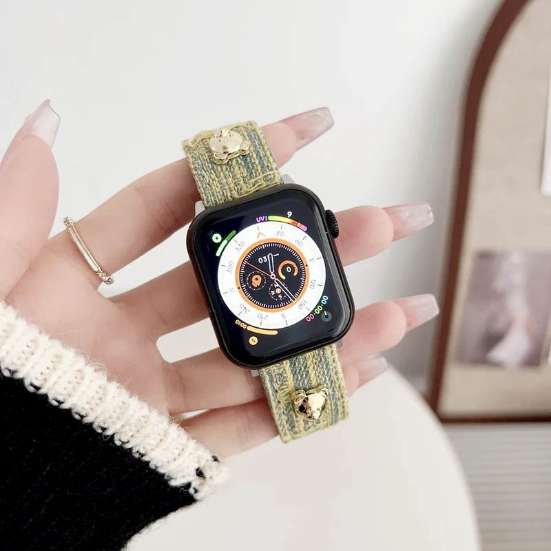 Apple Watch Series 49mm - 45mm - 44mm - 42mm Universal Denim Band Bear Decor Watch Strap - Dark Blue