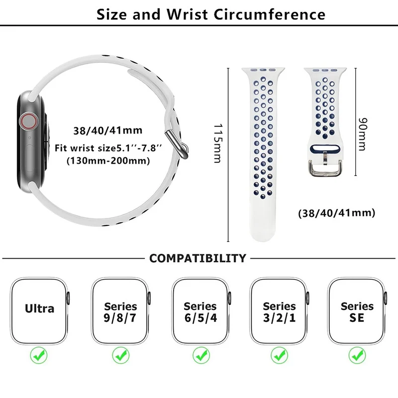 KALEBOL Apple Watch Series 41mm - 40mm - 38mm Universal Soft Silicone Band - White+Black