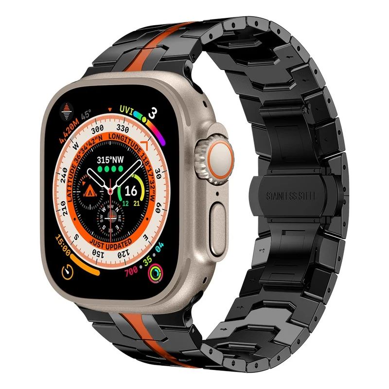 Apple Watch Series 41mm - 40mm - 38mm Universal Stainless Steel Band Watch Strap - Black+Red