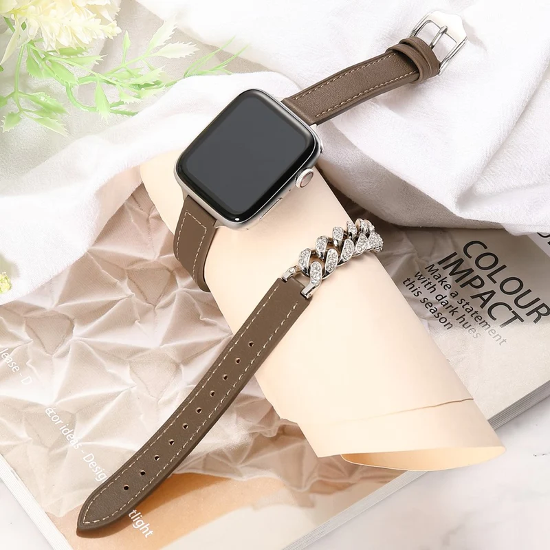 Apple Watch Series 49mm - 45mm - 44mm - 42mm Universal Watch Band Chain Leather Strap - Sandalwood