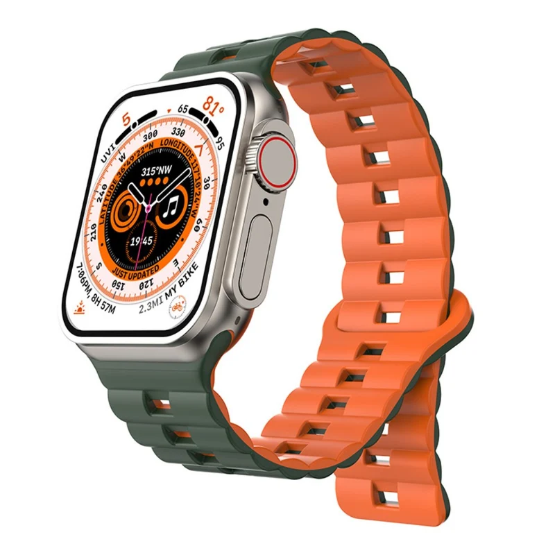 Apple Watch Series 49mm - 45mm - 44mm - 42mm Universal Flexible Band Watch Strap - Olive Green+Orange