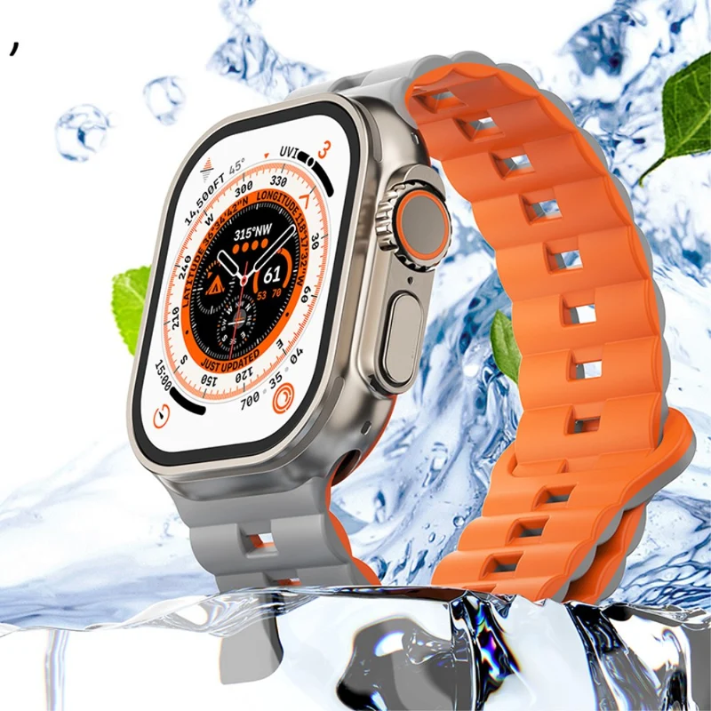 Apple Watch Series 49mm - 45mm - 44mm - 42mm Universal Flexible Band Watch Strap - Olive Green+Orange