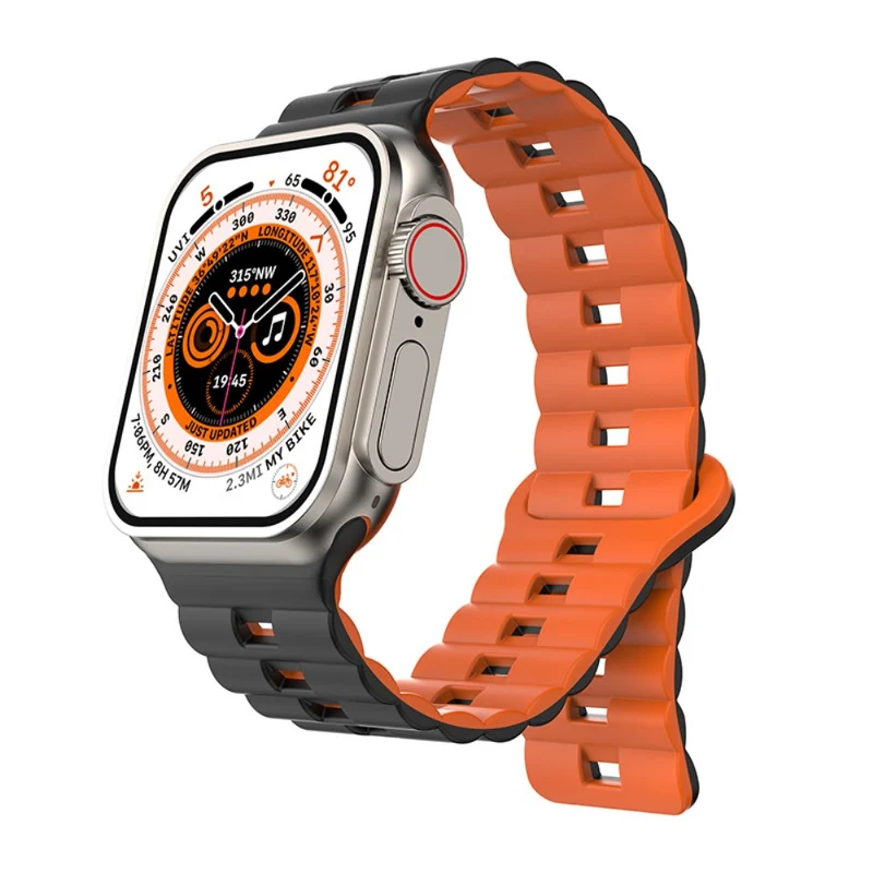 Apple Watch Series 49mm - 45mm - 44mm - 42mm Universal Flexible Band Watch Strap - Olive Green+Orange