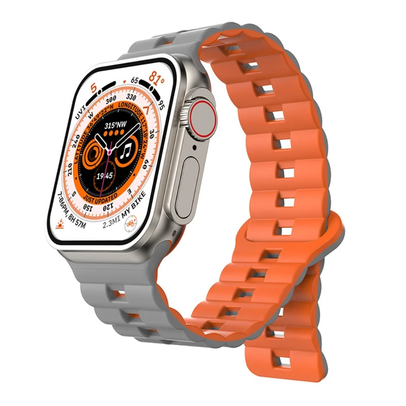 Apple Watch Series 49mm - 45mm - 44mm - 42mm Universal Flexible Band Watch Strap - Olive Green+Orange