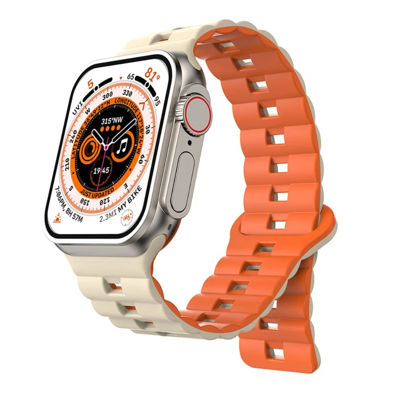 Apple Watch Series 49mm - 45mm - 44mm - 42mm Universal Flexible Band Watch Strap - Olive Green+Orange