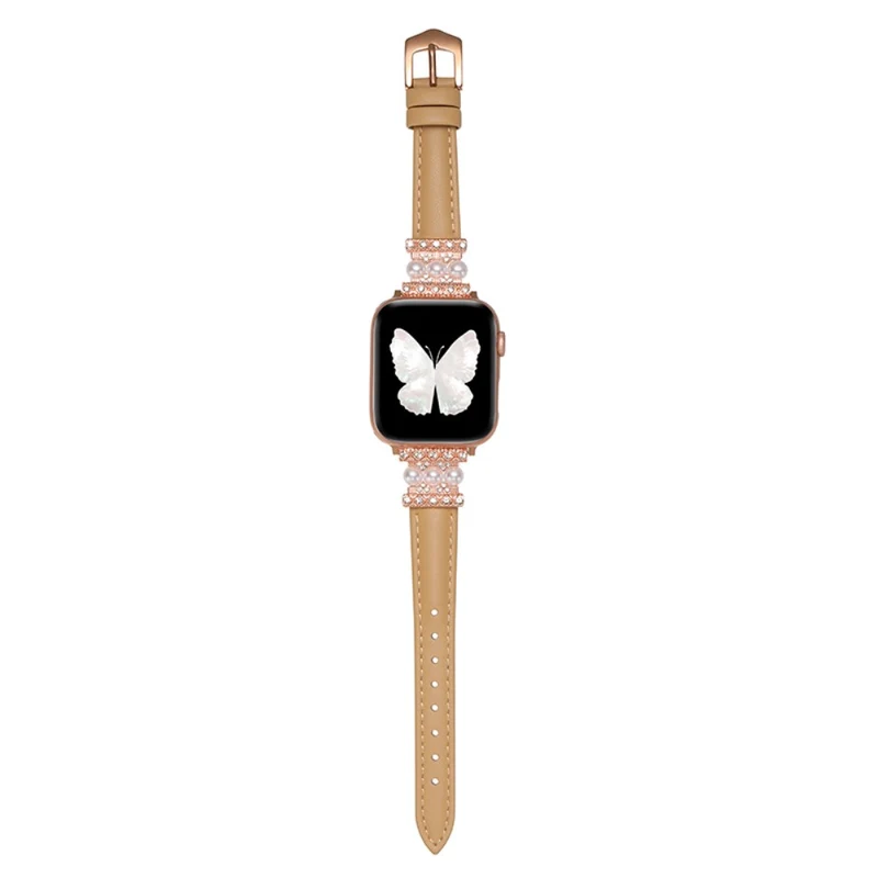 Apple Watch 41mm / 40mm / 38mm Genuine Cow Leather Band Bling Bracelet - Khaki