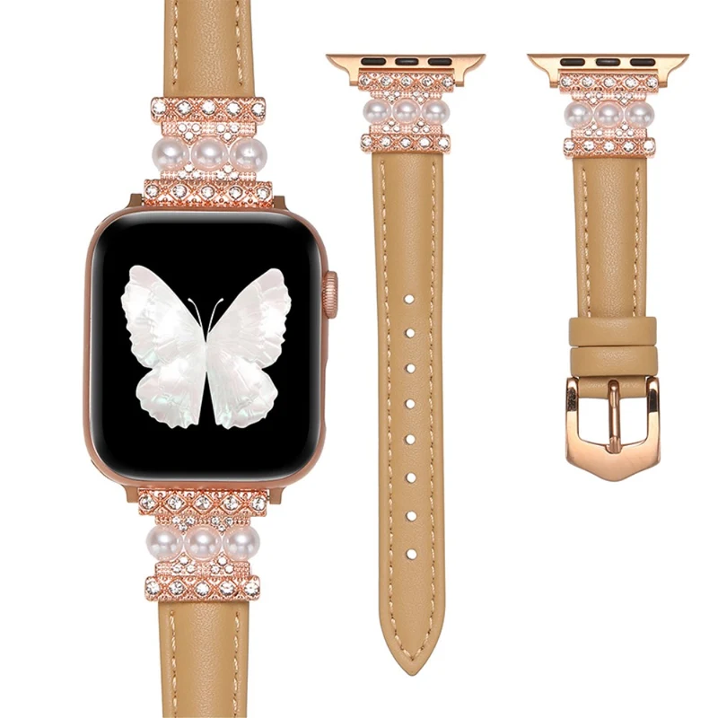 Apple Watch 41mm / 40mm / 38mm Genuine Cow Leather Band Bling Bracelet - Khaki