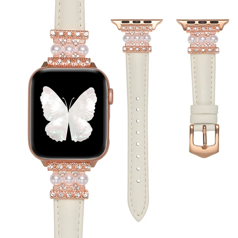Apple Watch 41mm / 40mm / 38mm Genuine Cow Leather Band Bling Bracelet - Khaki