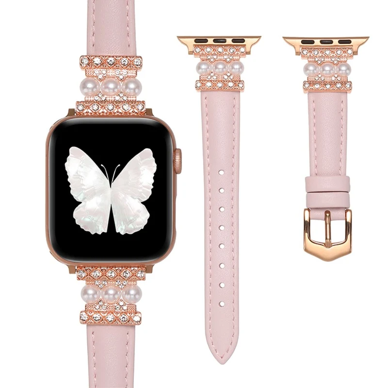Apple Watch 41mm / 40mm / 38mm Genuine Cow Leather Band Bling Bracelet - Khaki