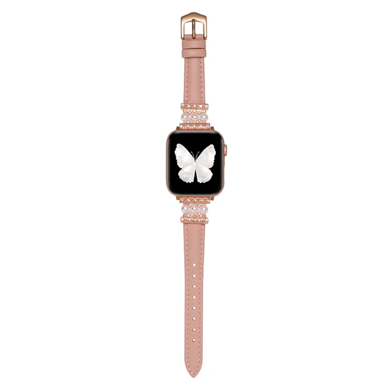 Apple Watch 41mm / 40mm / 38mm Genuine Cow Leather Band Bling Bracelet - Khaki