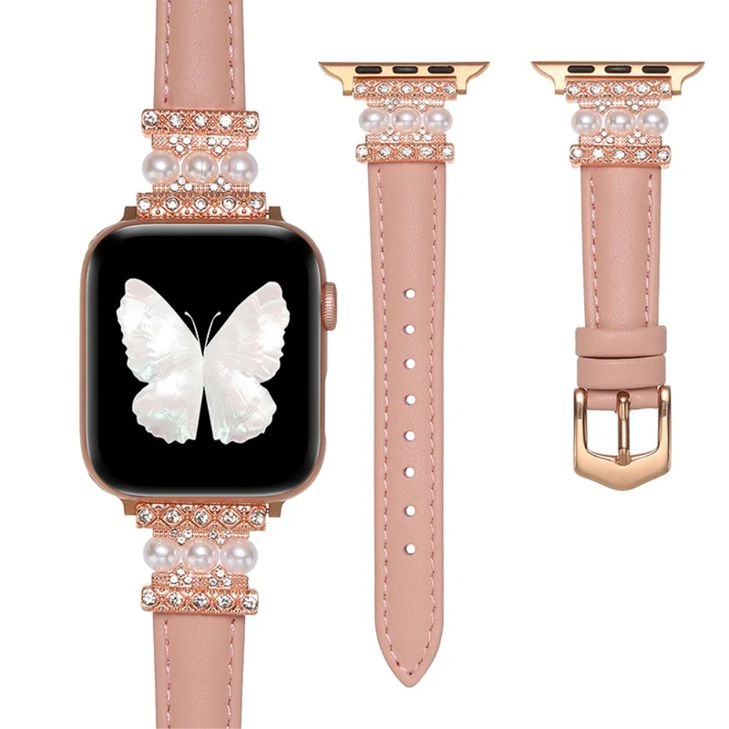 Apple Watch 41mm / 40mm / 38mm Genuine Cow Leather Band Bling Bracelet - Khaki